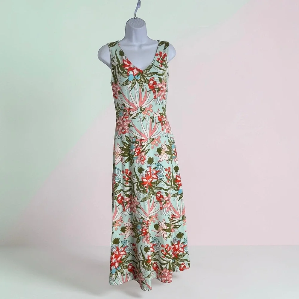Talbots Coastal Tropical Parrot Floral Size M V-Neck A-Line Maxi Pullover Dress - Picture 8 of 11